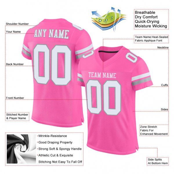 Men's Custom Pink White-Light Gray Mesh Authentic Football Jersey