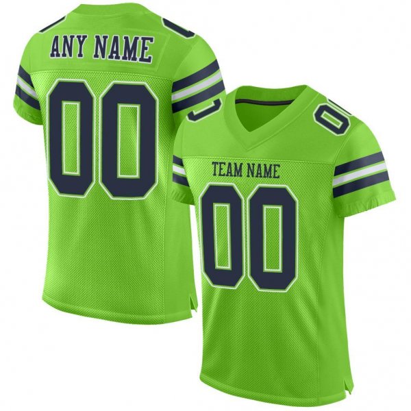 Women's Custom Neon Green Navy-White Mesh Authentic Football Jersey