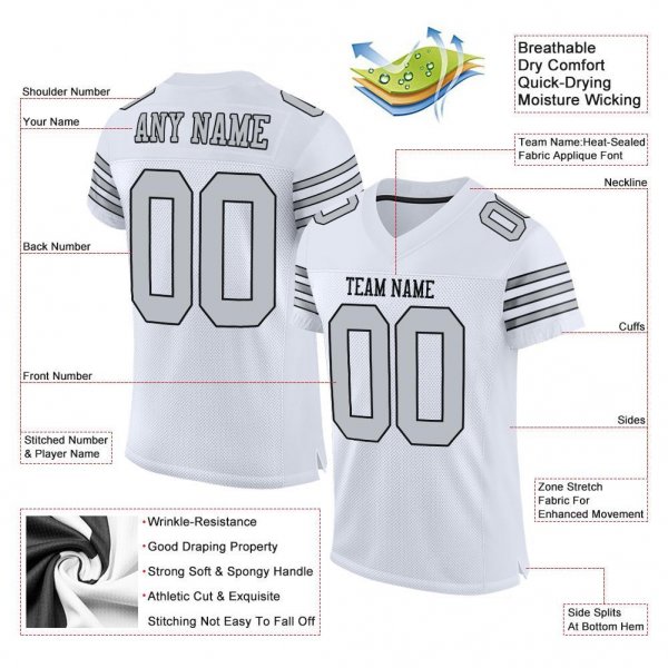 Men's Custom White Silver-Black Mesh Authentic Football Jersey