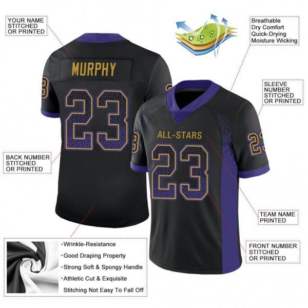 Men's Custom Black Purple-Old Gold Mesh Drift Fashion Football Jersey