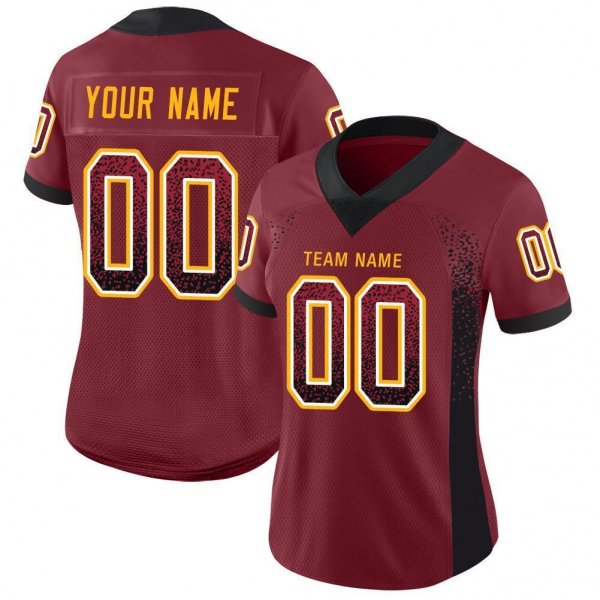 Women's Custom Burgundy Black-Gold Mesh Drift Fashion Football Jersey