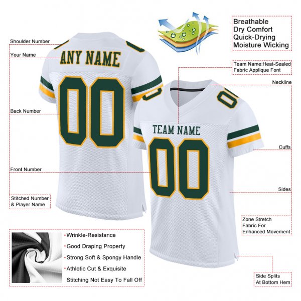 Men's Custom White Green-Gold Mesh Authentic Football Jersey