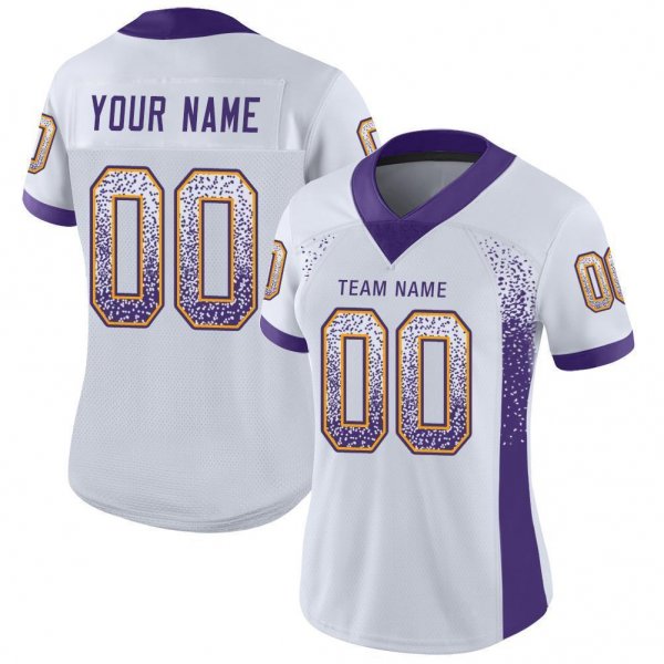 Women's Custom White Purple-Gold Mesh Drift Fashion Football Jersey