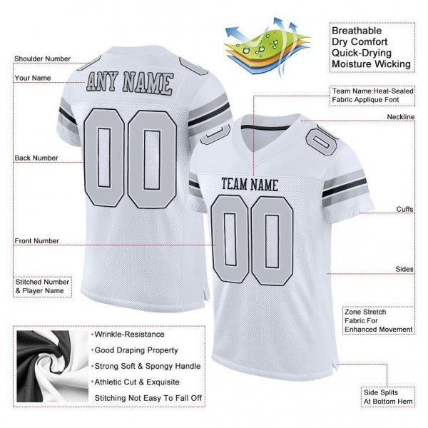 Men's Custom White Silver-Black Mesh Authentic Football Jersey