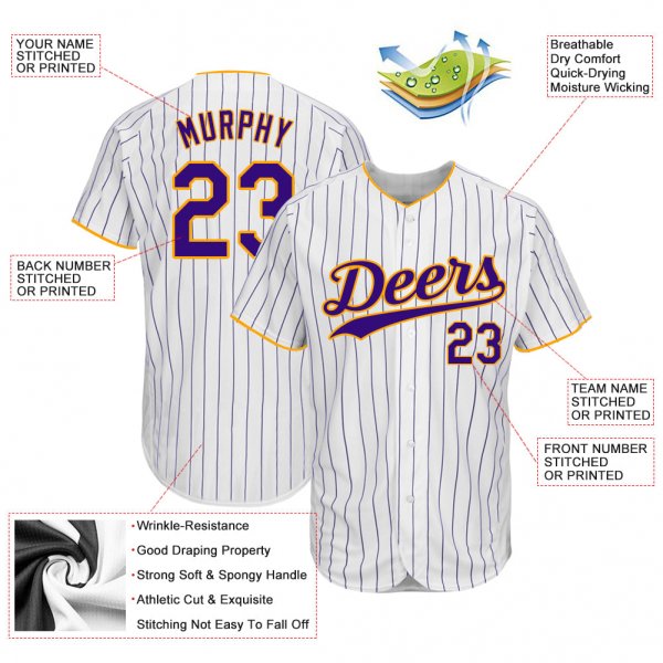 Men's Custom White Purple Pinstripe Purple-Gold Authentic Baseball Jersey