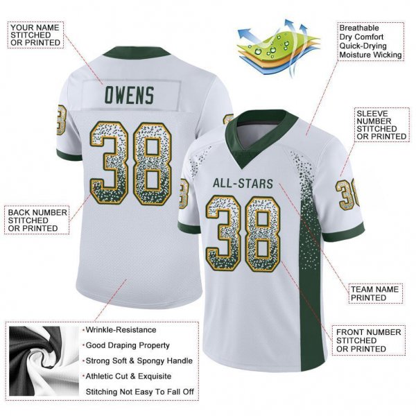 Men's Custom White Green-Gold Mesh Drift Fashion Football Jersey